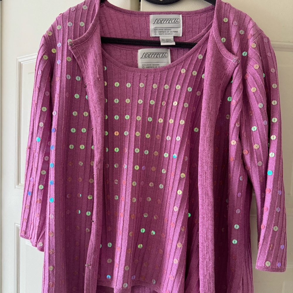 Vintage “Sideeffects” branded pink/purple sequins cardigan set
